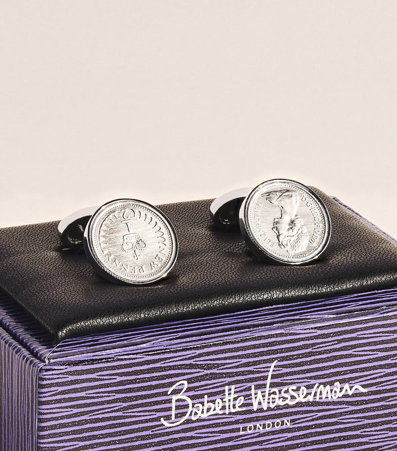 Babette Wasserman rhodium-plated halfpenny cufflinks - British product