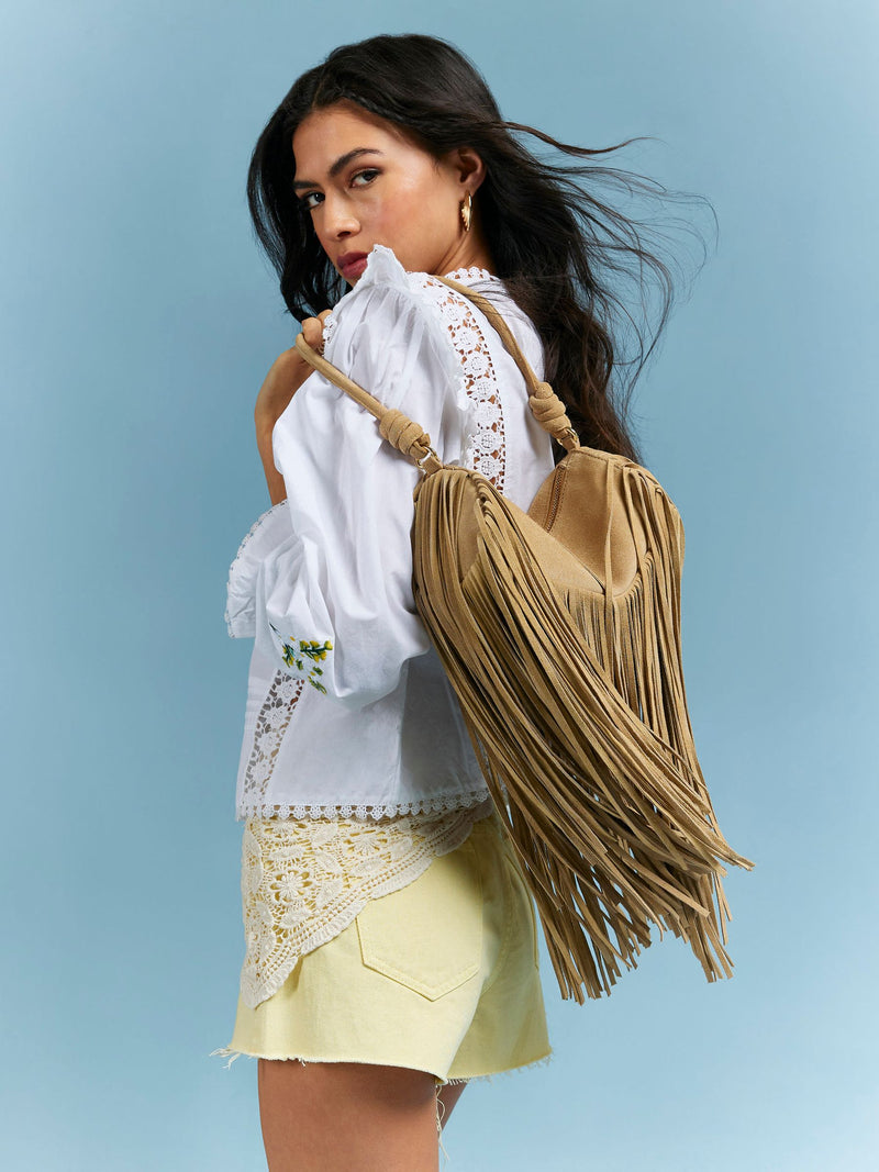 River Island brown mega fringe suede cylinder bag - British product