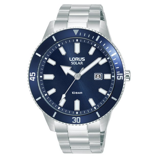 Lorus men's solar watch blue dial stainless steel bracelet - British product