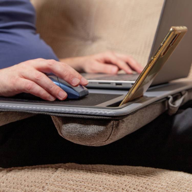 Ingenious desk lap tray with cushioned base and phone slot, imported from the UK