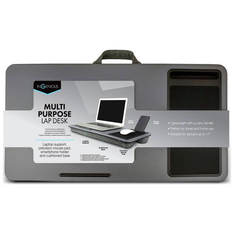 Ingenious desk lap tray with cushioned base and phone slot, imported from the UK