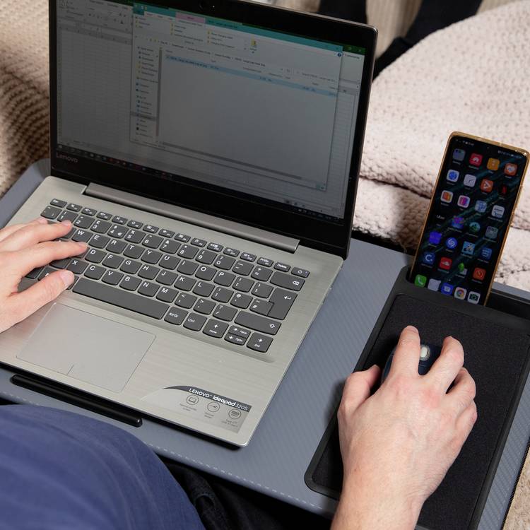 Ingenious desk lap tray with cushioned base and phone slot, imported from the UK