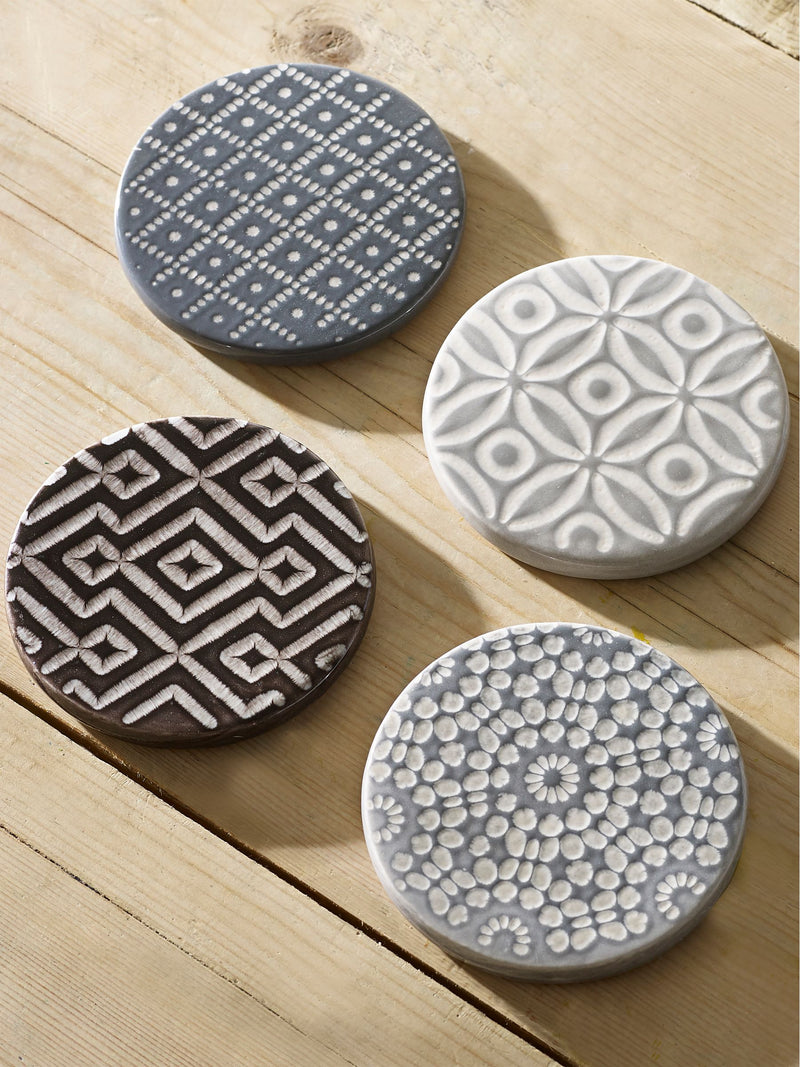 Grey geo ceramic coasters set of 4 9 cm diameter, UK version