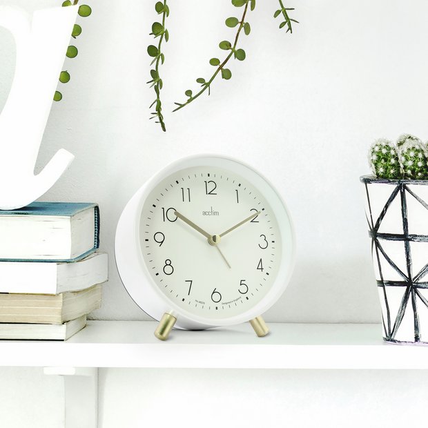 Acctim Fossen white alarm clock with gold feet - British product