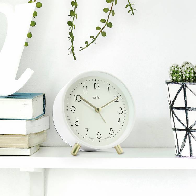 Acctim Fossen white alarm clock with gold feet - British product