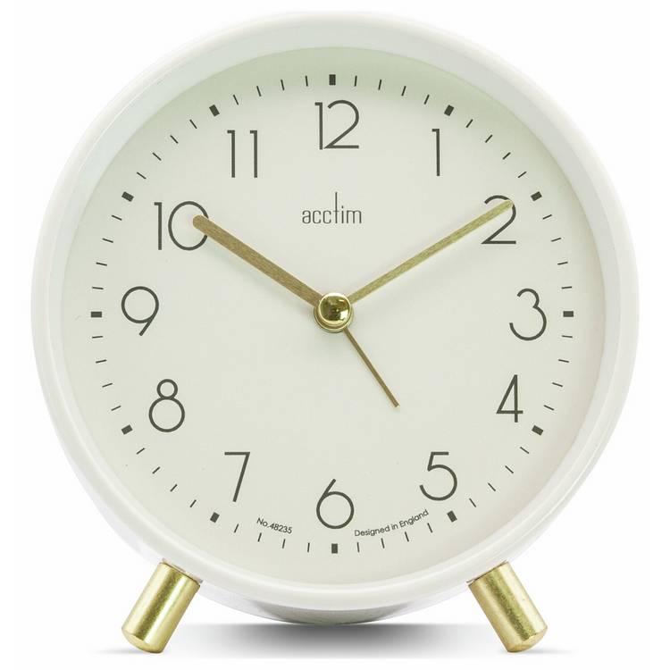 Acctim Fossen white alarm clock with gold feet - British product
