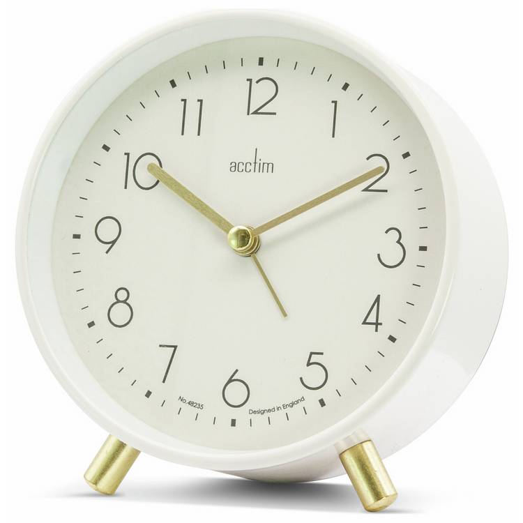 Acctim Fossen white alarm clock with gold feet - British product
