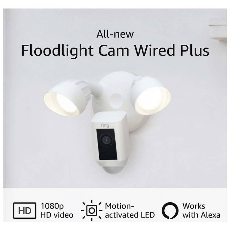 Ring white floodlight security camera Wired Plus, UK version