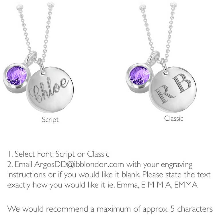 Revere sterling silver personalisable pendant with February birthstone (British brand)