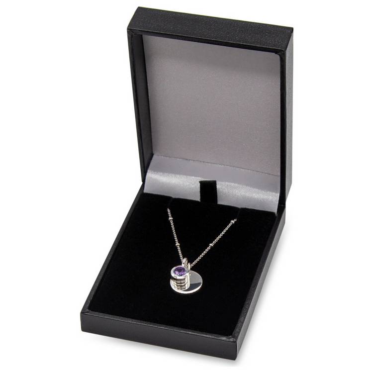 Revere sterling silver personalisable pendant with February birthstone (British brand)