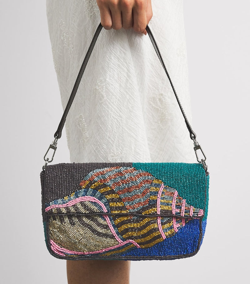 STAUD beaded Timmy shoulder bag glass beads conch motif, imported from the UK