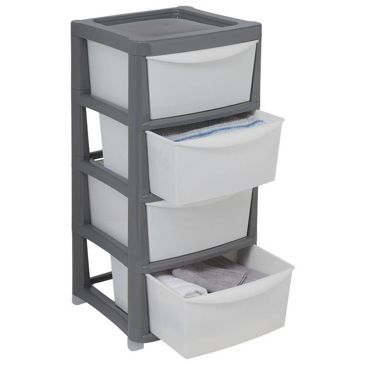 Argos Home 4 drawer plastic storage drawers grey white, UK version
