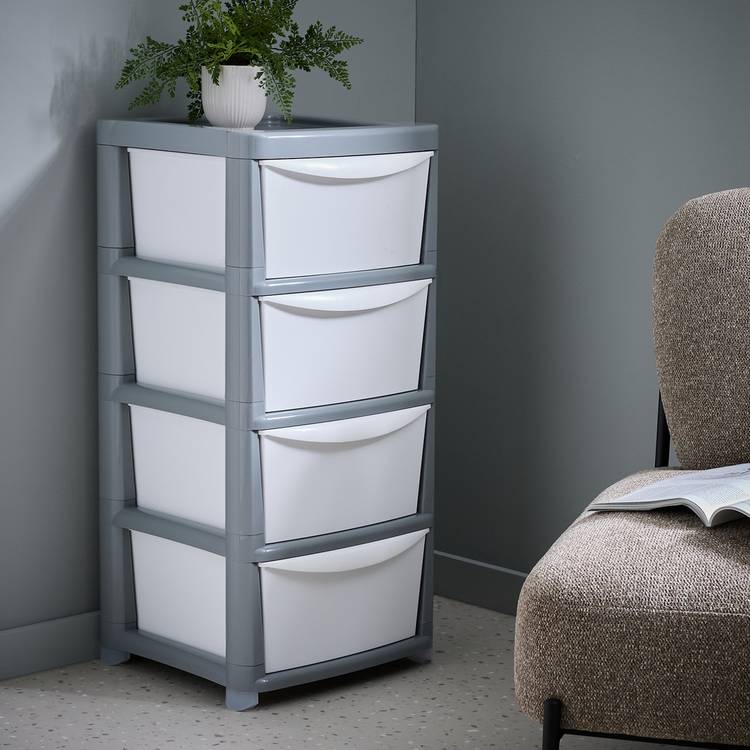 Argos Home 4 drawer plastic storage drawers grey white, UK version