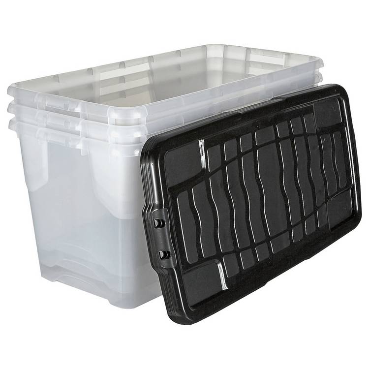 Strata plastic storage boxes 80L 3-pack clear, imported from the UK