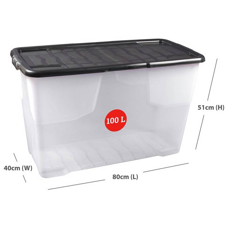 Strata Curve 100L clear plastic storage box with lid, imported from the UK