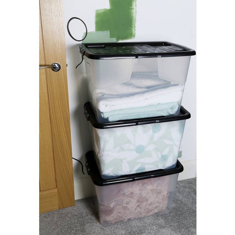Strata Curve plastic storage boxes 65L with lids, imported from the UK