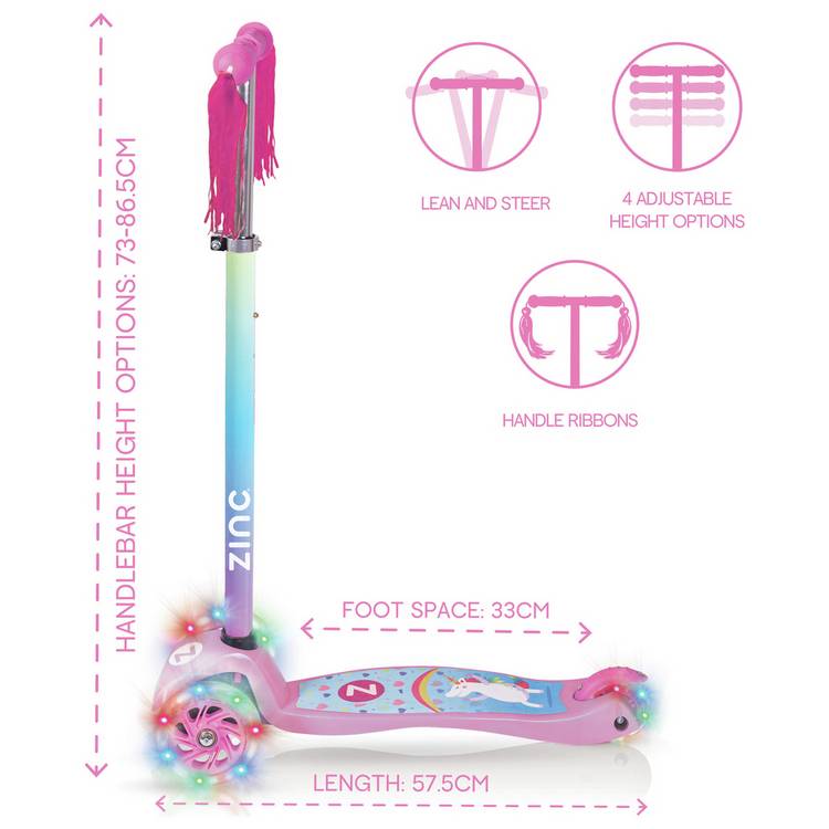 Zinc Safari Unicorn Light Up 3 Wheel Scooter - British product