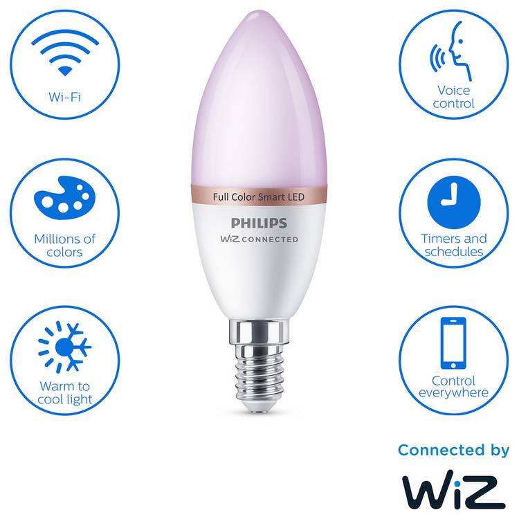 Philips WiZ E14 colour smart candle bulb, UK version