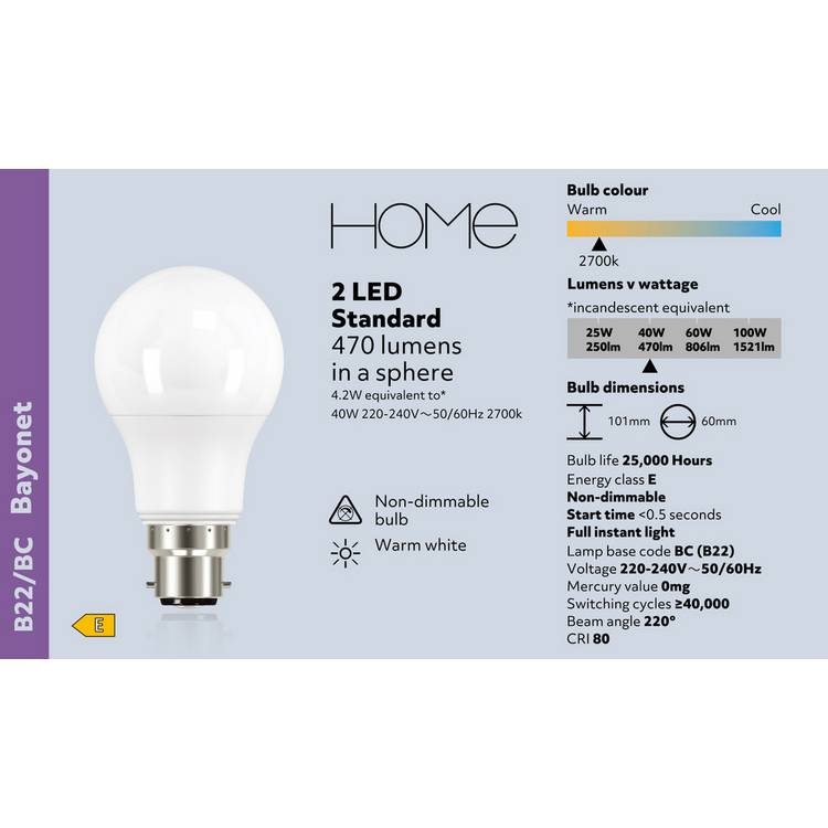 Argos Home 4.2W BC LED light bulb 2-pack, imported from the UK