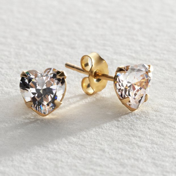 Revere 9ct gold cubic zirconia heart stud earrings, UK version