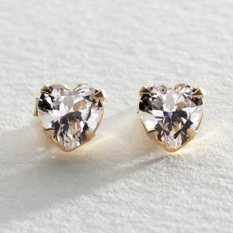 Revere 9ct gold cubic zirconia heart stud earrings, UK version