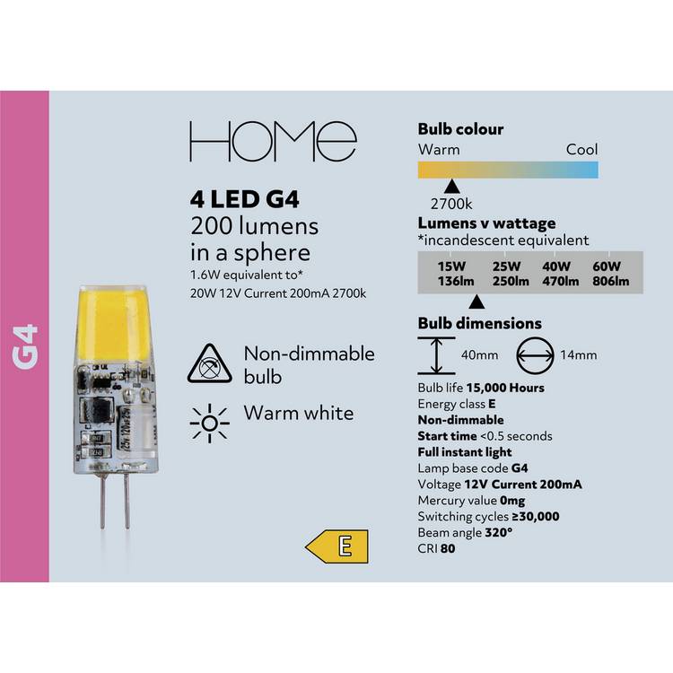 Argos Home G4 LED bulb 1.6W pack of 4 - British product