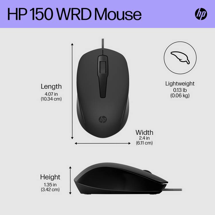 HP 150 black USB wired mouse, imported from the UK
