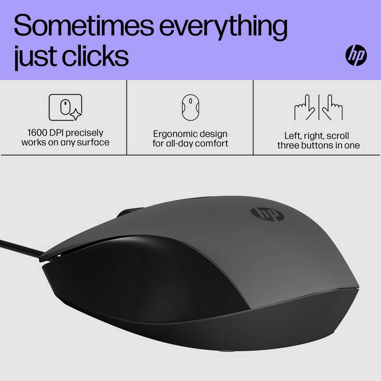 HP 150 black USB wired mouse, imported from the UK