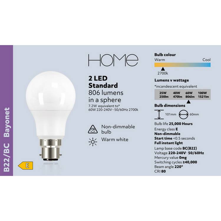 Argos Home LED classic BC light bulb 7.2W 2 pack, imported from the UK