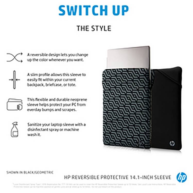 HP 14-inch reversible laptop sleeve in black and silver - British product