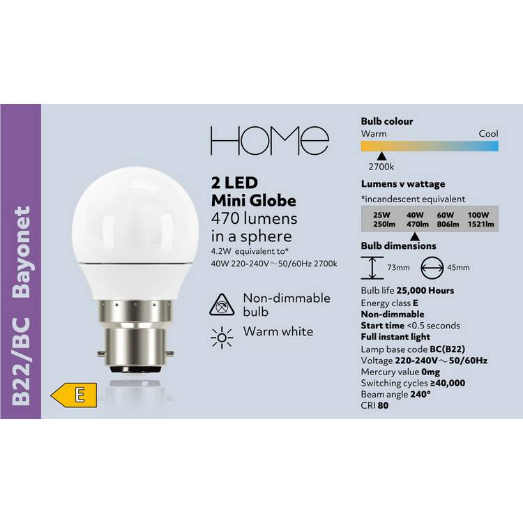 Argos Home 4.2W LED globe bulb BC 2 pack (British brand)