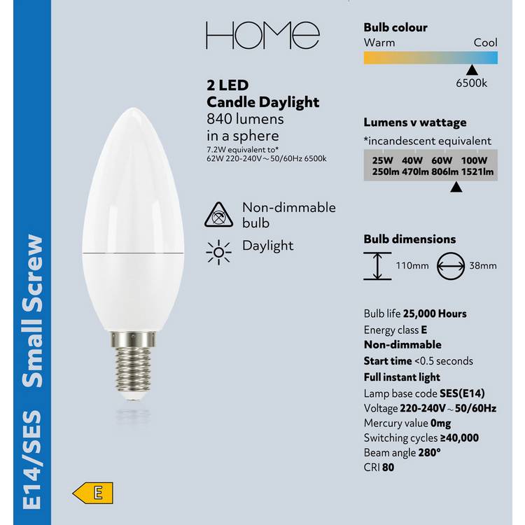 Argos Home LED light bulbs 7.2W SES 2 pack (British brand)