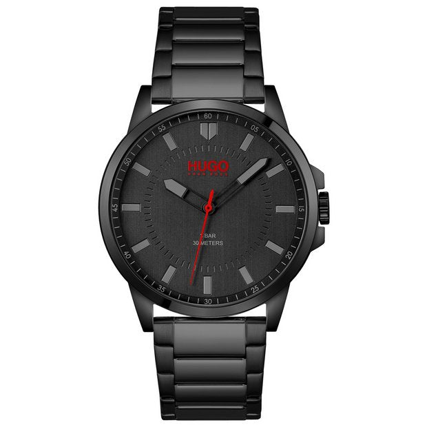 HUGO men's watch black dial black IP bracelet, imported from the UK