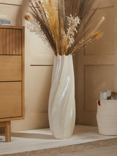 Grand vase de sol plissé en céramique naturel