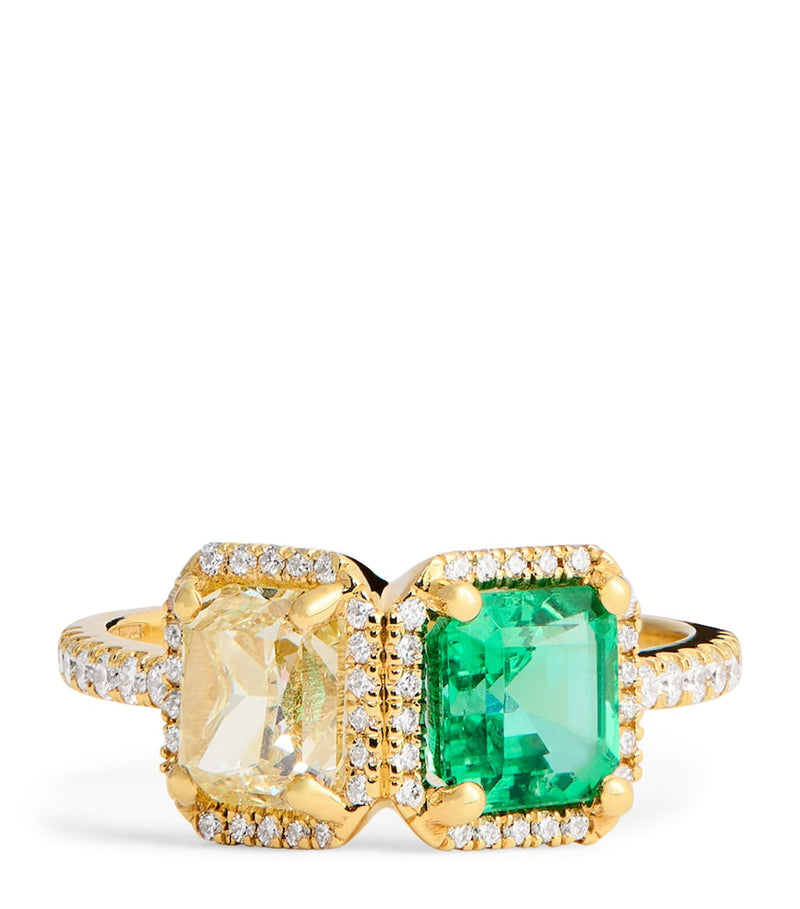 Suzanne Kalan Toi et Moi ring with emerald and diamonds in yellow gold, UK version