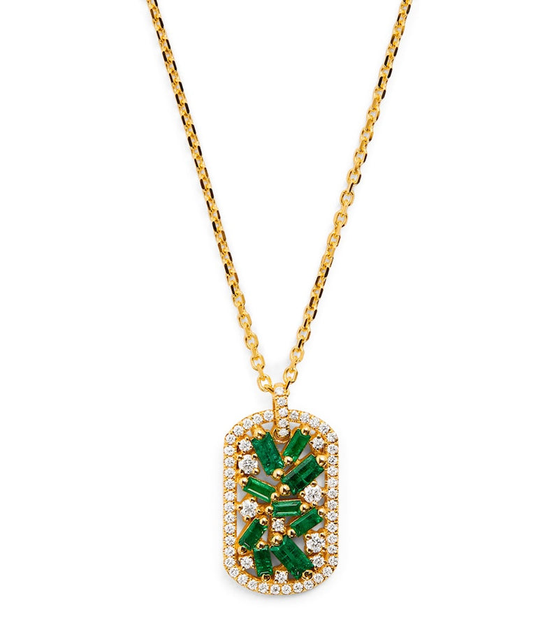 Suzanne Kalan yellow gold diamond and emerald dog tag necklace - British product