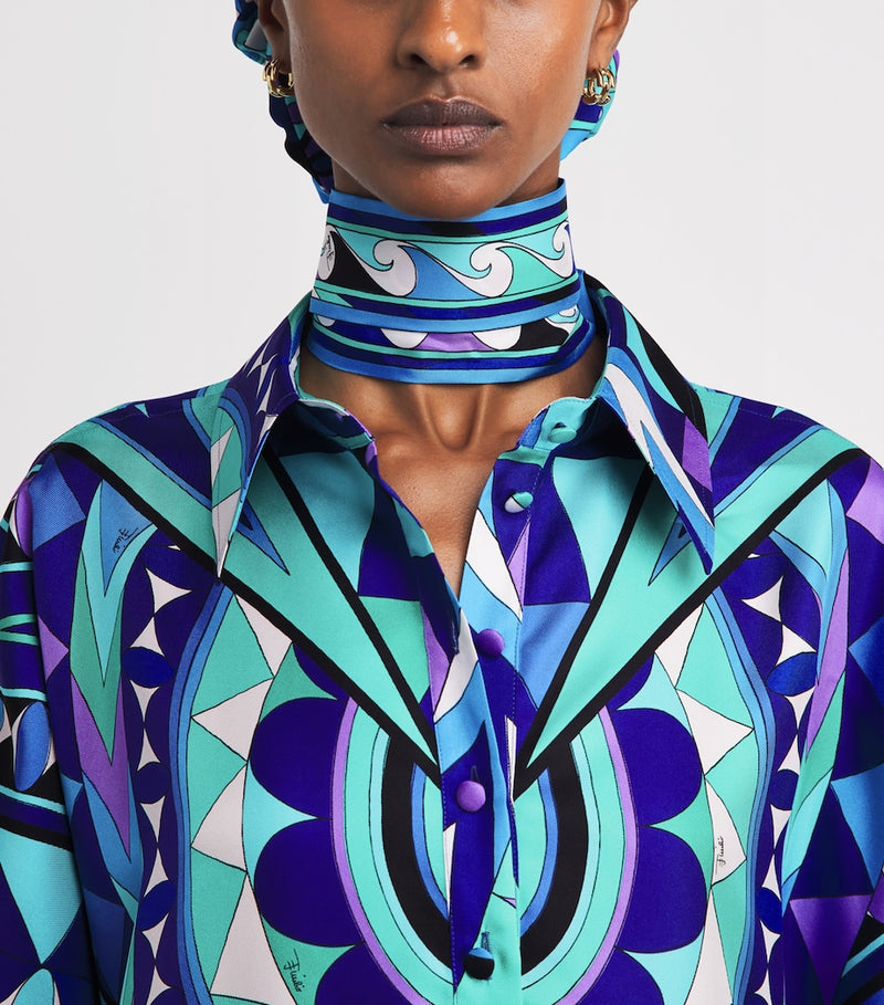 PUCCI silk twill printed scarf in blue and purple, UK version