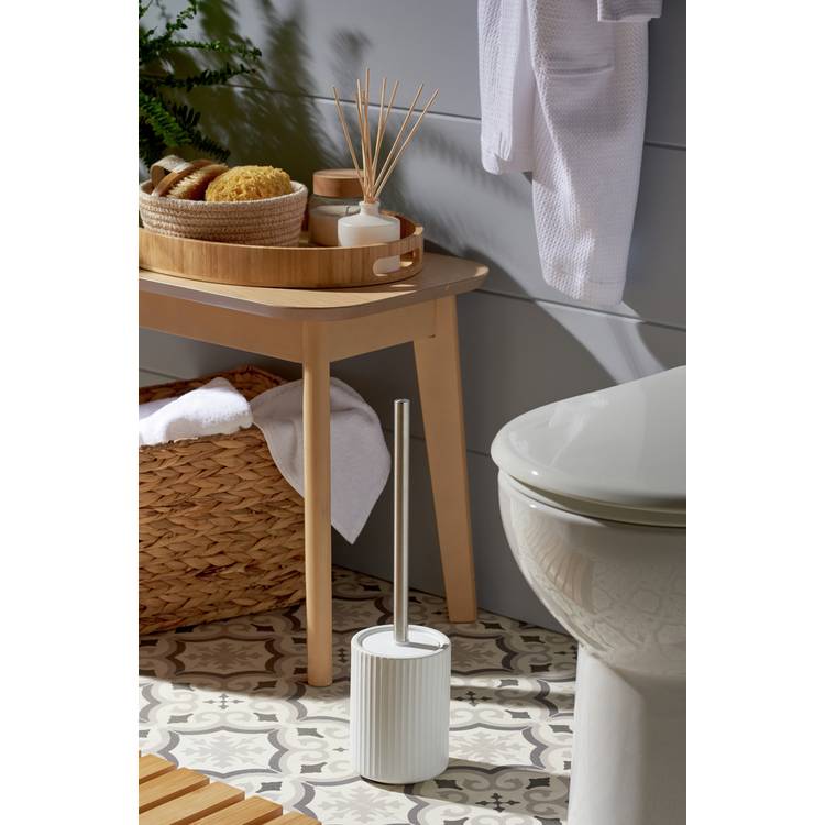 Argos Home white ribbed toilet brush and stoneware holder (British brand)