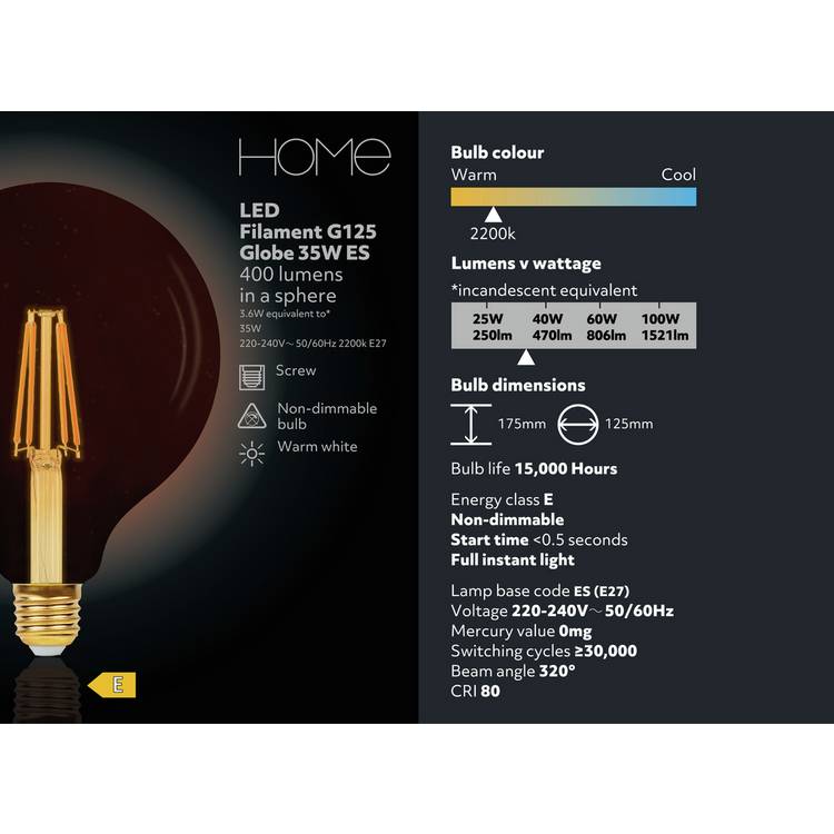 Argos Home G125 filament LED bulb 3.6W - British product
