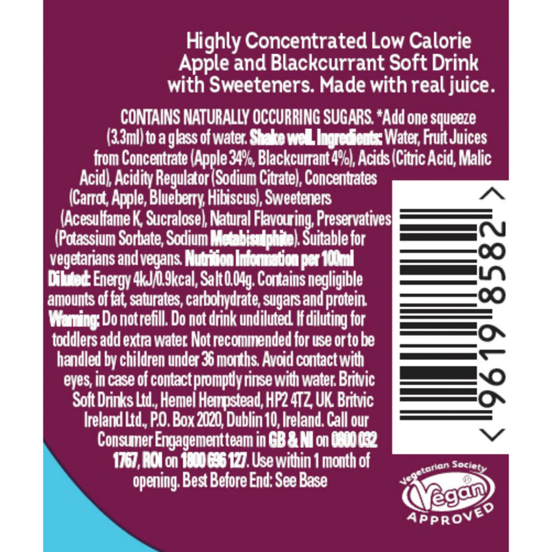 Robinsons Apple & Blackcurrant Squash 66ml, imported from the UK