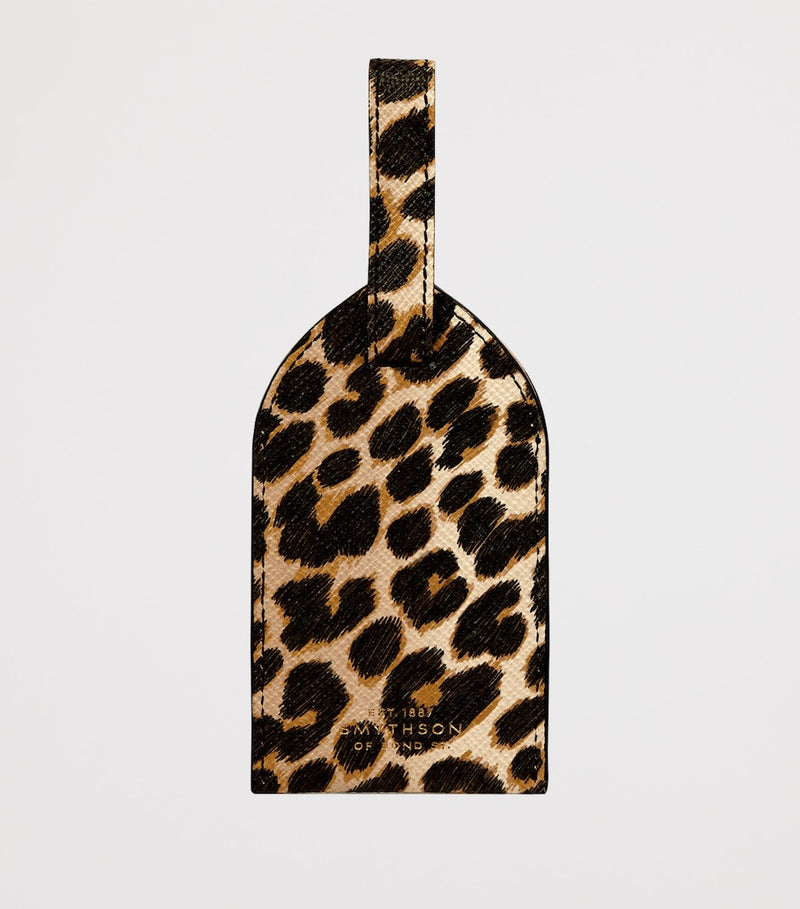 Smythson Panama leather luggage tag with leopard print (British brand)