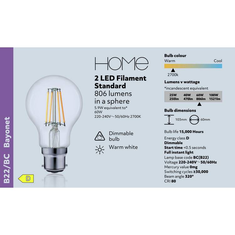 Argos Home 5.9W LED BC dimmable light bulb 2 pack - British product
