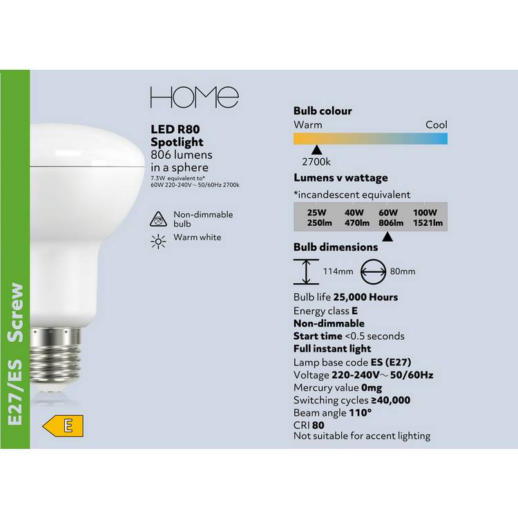 Argos Home 7.3W LED R80 ES light bulb for home, UK version