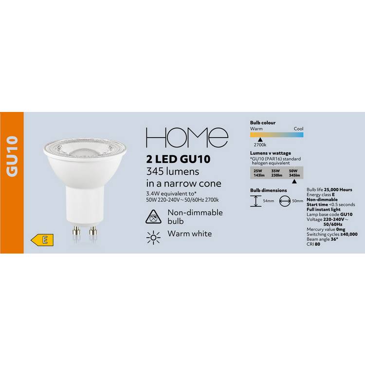 Argos Home LED GU10 light bulbs 2 pack 3.4W 345lm, imported from the UK