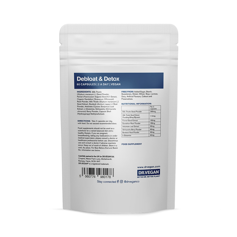 Dr. VEGAN Debloat and Detox supplement 60 capsules, imported from the UK