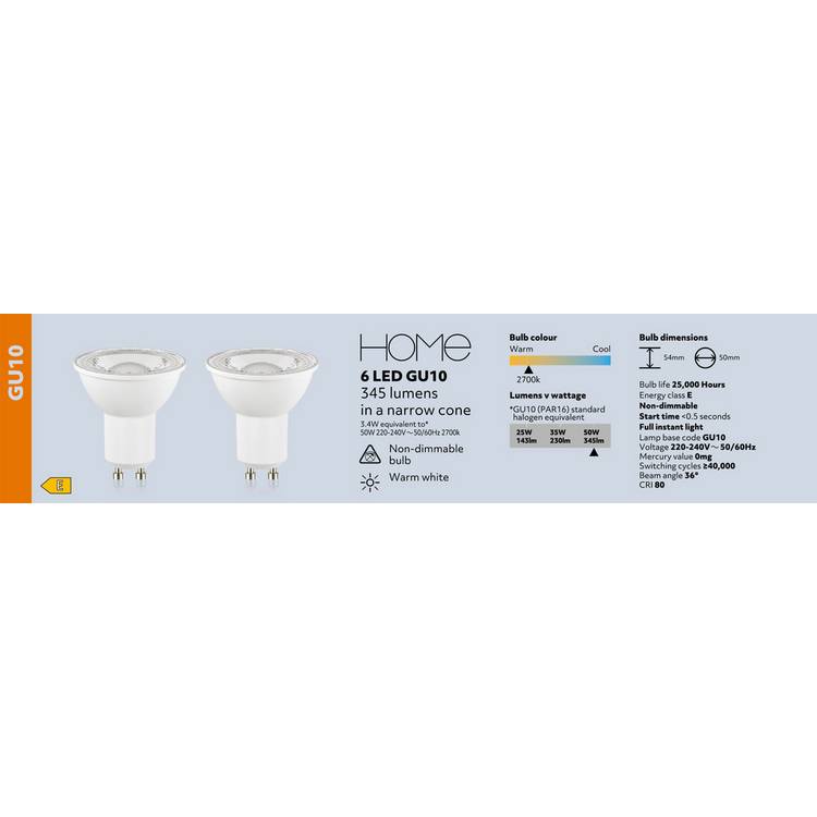 Argos Home LED GU10 light bulbs 6-pack 3.4W warm white, imported from the UK