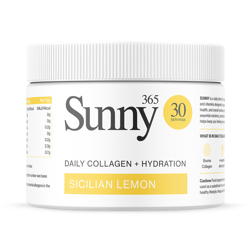 Sunny Collagen and Electrolytes powder Sicilian Lemon 30x7.5g, imported from the UK
