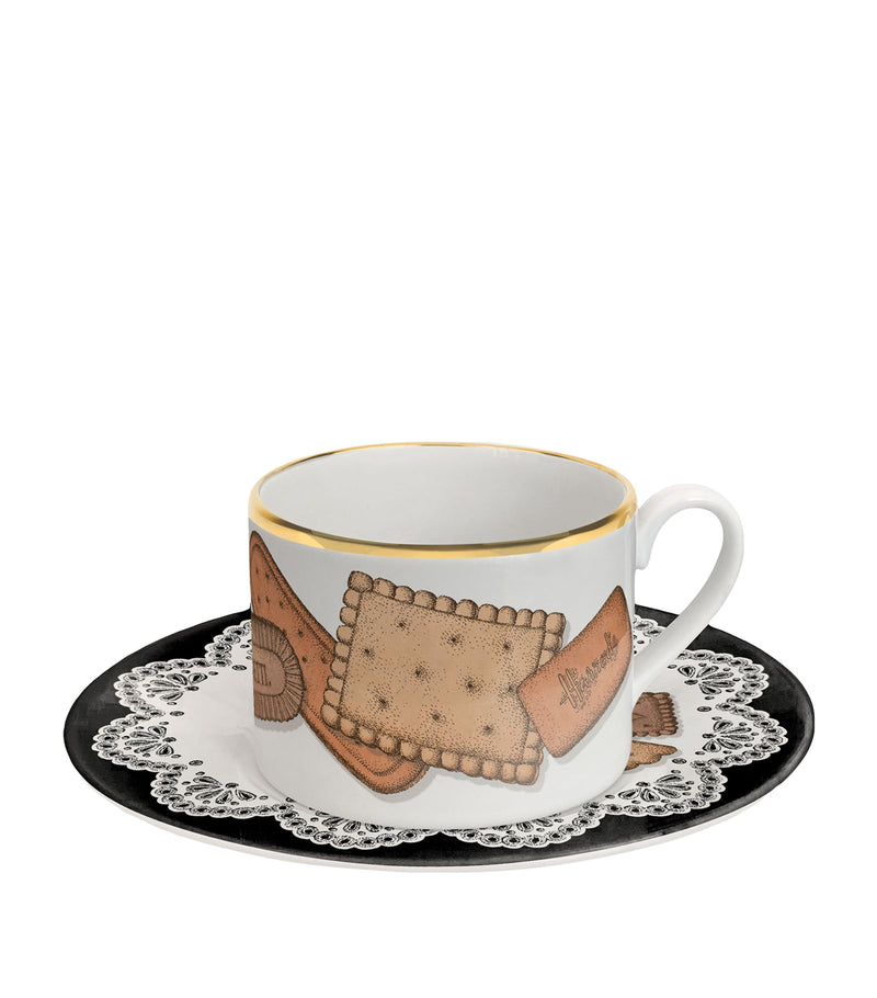 Fornasetti porcelain Biscotti teacups and saucers set of 6 - British product