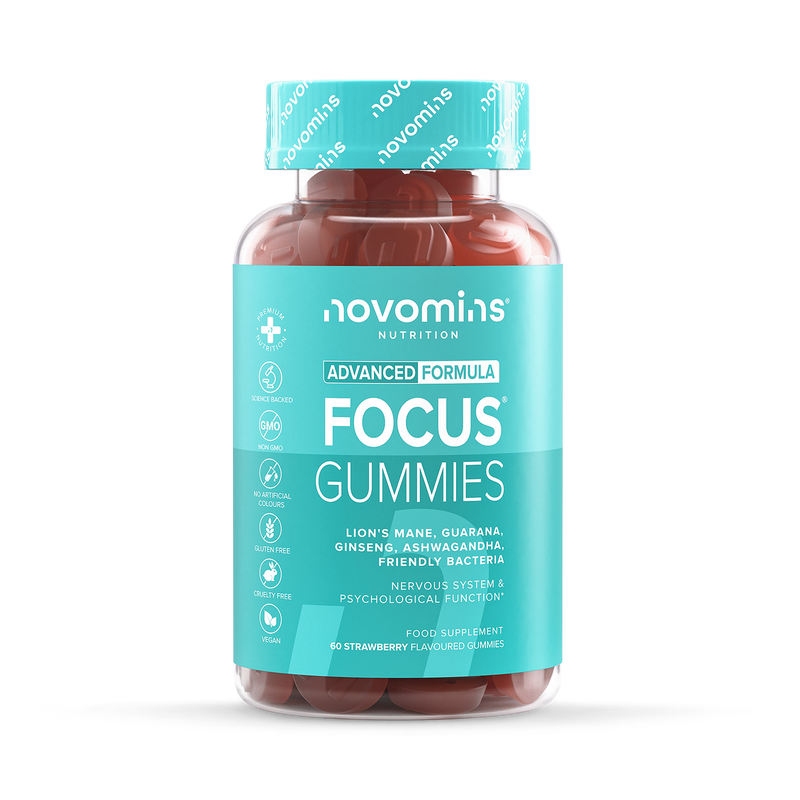Novomins Focus strawberry gummies 60 count, imported from the UK