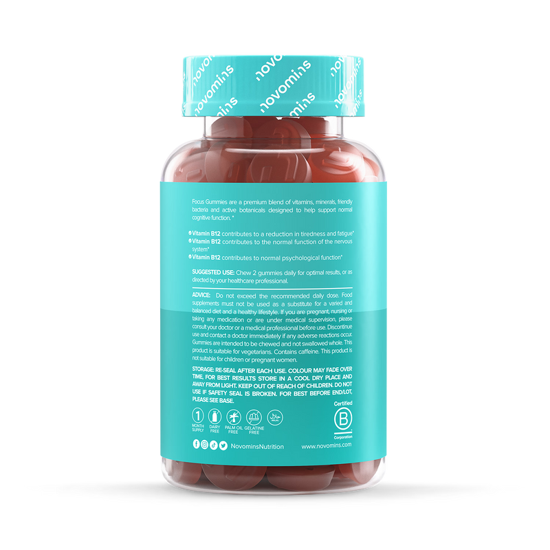 Novomins Focus strawberry gummies 60 count, imported from the UK